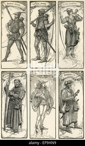 Robin Hood, Little John, Maid Marian, Friar Tuck, Master Will Scarlett, The Sheriff of Nottingham. Stock Photo