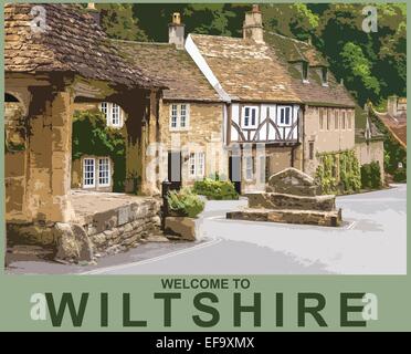 A poster style interpretation of the Village of Castle Combe and Market Cross  Wiltshire, England, UK Stock Photo