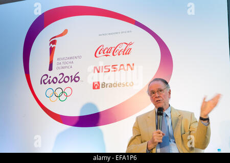 Rio De Janeiro, Brazil. 29th Jan, 2015. Carlos Arthur Nuzman, president of the Organizing Committee of Rio 2016 Olympic and Paralympic Games, attends a press conference providing the preliminary information on Olympic torch relay in Rio de Janeiro, Brazil, Jan. 29, 2015. The relay is scheduled to be conducted in 250 cities, including Brasilia, the capital of Brazil, and all of the capital cities of the Brazilian states. The relay will last between 90 to 100 days, with a total of 10,000 bearers involved. © Xu Zijian/Xinhua/Alamy Live News Stock Photo