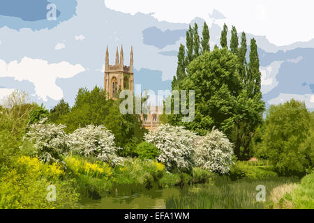 A poster style interpretation looking towards St. Peter ad Vincula parish church at Hampton Lucy Stock Photo