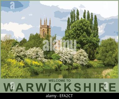 A poster style interpretation looking towards St. Peter ad Vincula parish church at Hampton Lucy Stock Photo