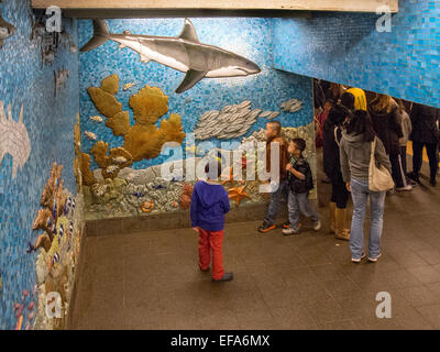 Mosaics of sea life decorate the 81st Street subway station in New York City at the NY Museum of Natural History on Manhattan's West Side. Stock Photo