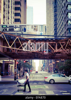 A view of the Chicago 'L' train, looking down Dearborn Street from Lake Street, Chicago, Illinois. Stock Photo