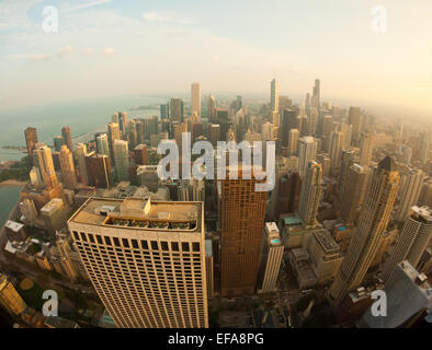 A fisheye, aerial view of North Michigan Avenue (the Magnificent Mile), Lake Michigan and Chicago as seen from 360 CHICAGO. Stock Photo