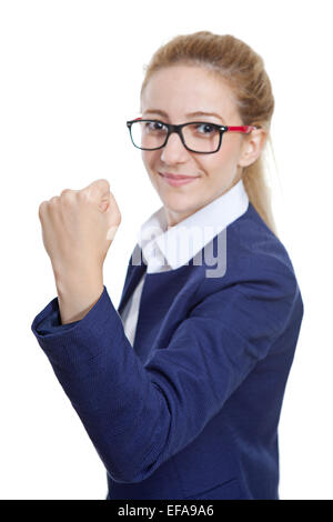 Portrait of casual woman celebrating with clenched fists on white background Stock Photo