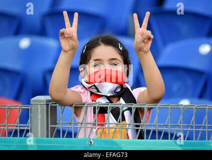 Newcastle, Australia. 30th Jan, 2015. An Iraqi fan cheers before the third and fourth final match between Iraq and United Arab Emirates at the 2015 AFC Asian Cup in Newcastle, Australia, Jan. 30, 2015. © Guo Yong/Xinhua/Alamy Live News Stock Photo