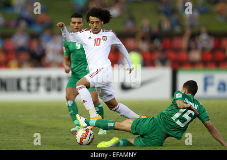 Newcastle, Australia. 30th Jan, 2015. Omar Abdulrahman (M) of the United Arab Emirates breaks through during the third and fourth final match against Iraq at the 2015 AFC Asian Cup in Newcastle, Australia, Jan. 30, 2015. Credit:  Cao Can/Xinhua/Alamy Live News Stock Photo