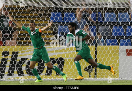 Newcastle, Australia. 30th Jan, 2015. Amjed Kalaf Al-Muntafik(R) of Iraq celebrates for his goal with his teammate during the third and fourth final match against the United Arab Emirates at the 2015 AFC Asian Cup in Newcastle, Australia, Jan. 30, 2015. Credit:  Cao Can/Xinhua/Alamy Live News Stock Photo