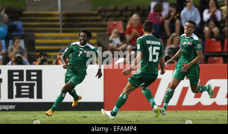 Newcastle, Australia. 30th Jan, 2015. Amjed Kalaf Al-Muntafik(L) of Iraq celebrates for his goal with his teammates during the third and fourth final match against the United Arab Emirates at the 2015 AFC Asian Cup in Newcastle, Australia, Jan. 30, 2015. Credit:  Cao Can/Xinhua/Alamy Live News Stock Photo