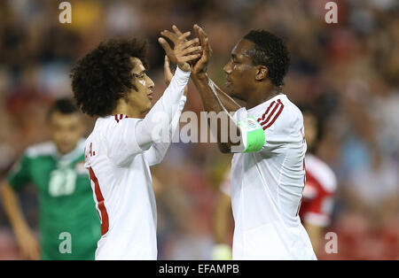 Newcastle, Australia. 30th Jan, 2015. Ahmed Khalil (R) of the United Arab Emirates celebrates for his goal with his assist and teammate Omar Abdulrahman during the third and fourth final match against Iraq at the 2015 AFC Asian Cup in Newcastle, Australia, Jan. 30, 2015. Credit:  Cao Can/Xinhua/Alamy Live News Stock Photo