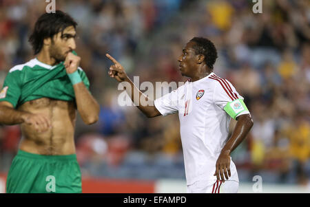 Newcastle, Australia. 30th Jan, 2015. Ahmed Khalil (R) of the United Arab Emirates celebrates for his goal during the third and fourth final match against Iraq at the 2015 AFC Asian Cup in Newcastle, Australia, Jan. 30, 2015. Credit:  Cao Can/Xinhua/Alamy Live News Stock Photo