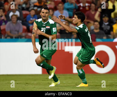 Newcastle, Australia. 30th Jan, 2015. Waleed Salim Al-Lami (L) of Iraq celebrates for his goal during the third and fourth final match against the United Arab Emirates at the 2015 AFC Asian Cup in Newcastle, Australia, Jan. 30, 2015. Credit:  Guo Yong/Xinhua/Alamy Live News Stock Photo