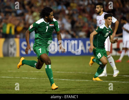 Newcastle, Australia. 30th Jan, 2015. Amjed Kalaf Al-Muntafik (L) of Iraq celebrates for his goal during the third and fourth final match against the United Arab Emirates at the 2015 AFC Asian Cup in Newcastle, Australia, Jan. 30, 2015. Credit:  Guo Yong/Xinhua/Alamy Live News Stock Photo