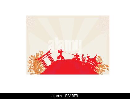 Fighting Samurai silhouette on abstract Asian Landscape Stock Vector