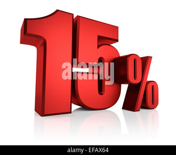 Red 15 percent on white background. 3d render discount Stock Photo