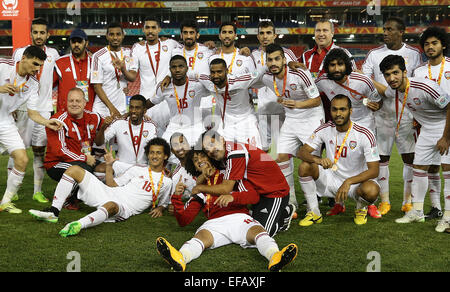 Newcastle, Australia. 30th Jan, 2015. Teammates of United Arab Emirates show their bronze medals after the third and fourth final match against Iraq at the 2015 AFC Asian Cup in Newcastle, Australia, Jan. 30, 2015. United Arab Emirates won 3-2. Credit:  Cao Can/Xinhua/Alamy Live News Stock Photo