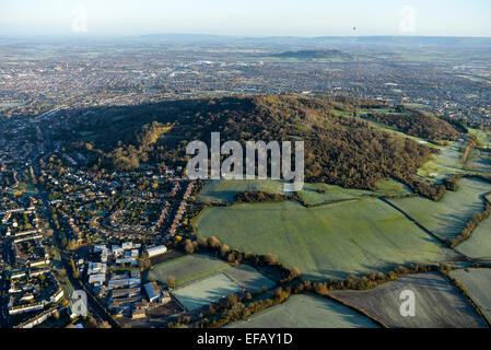 An aerial view of Robinswood Hill, a nature reserve close to Gloucester with the city visible in the background Stock Photo