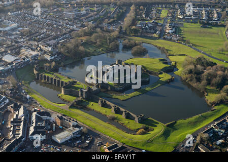 An aerial view of Caerphilly Castle, a partially ruined fortification, dating from the 13th Century Stock Photo