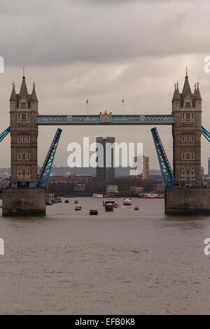 London, UK. 30th Jan, 2015. Tower Bridge, London, opens to mark 50th Anniversary since Winston Churchill's funeral on the same barge that was used to carry him in 1965. Credit:  Samuel Bay/Alamy Live News Stock Photo