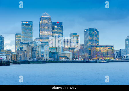 Canary Wharf skyline viewed from Limehouse on the north bank of the Thames Stock Photo