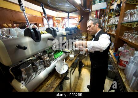 senior coffee maker at Garaldi Caffe, located at Piazza garita Stock Photo