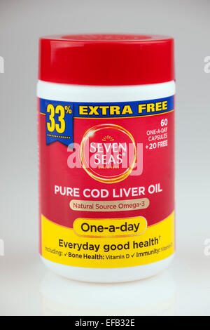 Container of Seven Seas Pure one a day cod liver oil capsules with 33 percent free Stock Photo