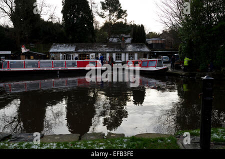 Ice on the water at the Canal Basin on the Union Canal in Linlithgow, West Lothian, Scotland. Stock Photo