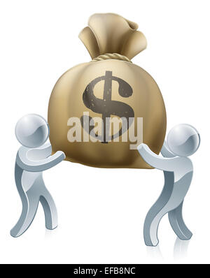 Two silver people holding a big money sack with a dollar sign Stock Photo
