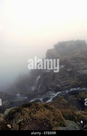 Pancava waterfall in Giant mountains with autumn misty Stock Photo