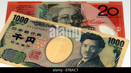 Australian Dollar and Japanese Yen Bank Notes Stock Photo