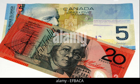 Canadian Dollar and Australian Dollar Bank Notes Stock Photo