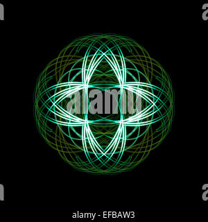 Physiogram symmetrical pattern of light created by a torch on a long exposure against a black background. Stock Photo