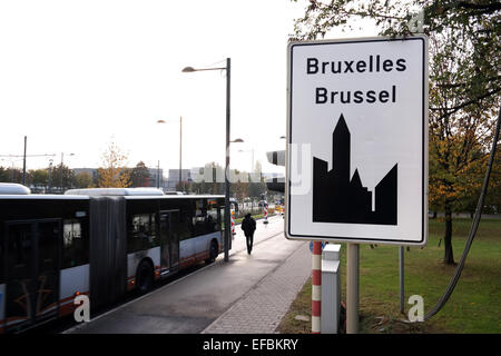 Bus stop for Public transport near the Entrance sign of the City of Brussels the capital of Belgium Stock Photo