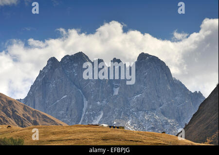 Mt Chaukhi and landscape around the village of Jute near Kazbegi, the Caucasus, Georgia Stock Photo