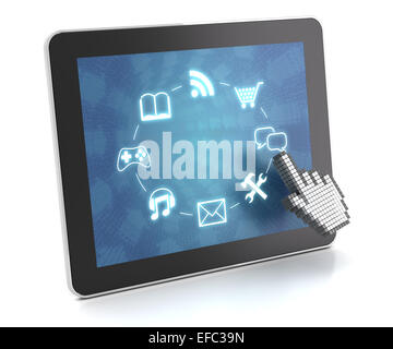 Clicking on a tablet with touchscreen interface, 3d render Stock Photo