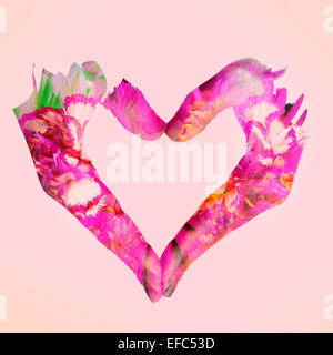 double exposure of woman hands forming a heart and flowers, on a pink background Stock Photo