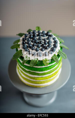 Nice sponge happy birthday cake with mascarpone and grapes on the cake stand Stock Photo