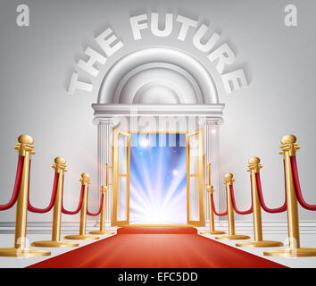 An illustration of a posh looking door with red carpet and The Future above it. Concept for positive changes Stock Photo