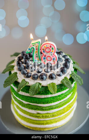 Nice sponge happy birthday cake with mascarpone and grapes on the cake stand with candles on festive light bokeh Stock Photo