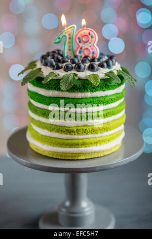 Nice sponge happy birthday cake with mascarpone and grapes on the cake stand with candles on festive light bokeh Stock Photo