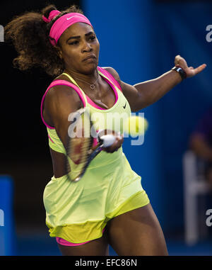 Melbourne, Australia. 31st Jan, 2015. Serena Williams of the United States returns the ball during her women's singles final match against Maria Sharapova of Russia at the Australian Open tennis championship in Melbourne, Australia, Jan. 31, 2015. Credit:  Bai Xue/Xinhua/Alamy Live News