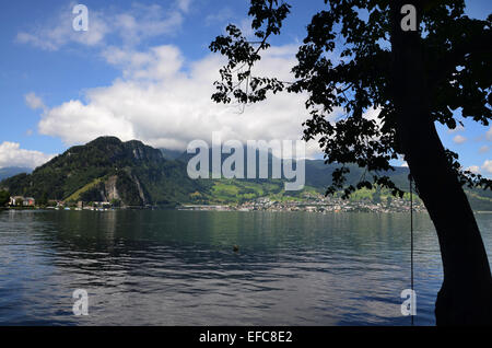 Lake Lucerne with view towards Mount Pilatus and Hergiswil Stock Photo