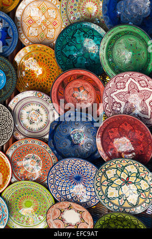 Ceramic plates on sale in a market, Marrakesh, Morocco Stock Photo