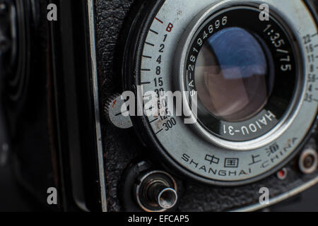 the bottom front lens element of an vintage medium format twin reflex camera Stock Photo