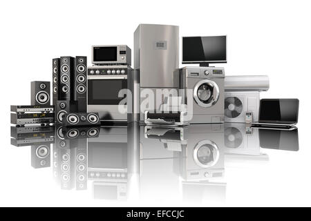 Home appliances. Gas cooker, tv cinema, refrigerator air conditioner microwave, laptop and washing machine. 3d Stock Photo