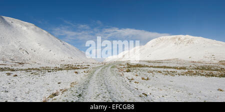 Snow covered Yarrow valley mountains in winter. Scottish borders. Scotland. Panoramic Stock Photo