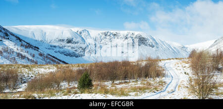 Snow covered Yarrow valley mountains in winter. Scottish borders. Scotland. Panoramic Stock Photo