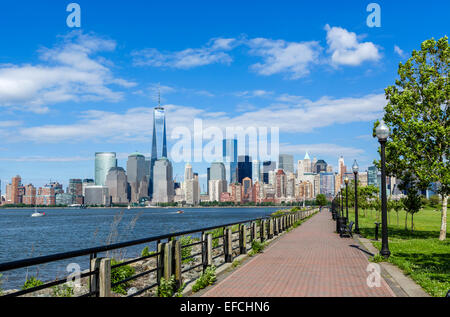 The Lower Manhattan skyline in dowtown New York City viewed across the Hudson River from Liberty State Park in New Jersey, USA Stock Photo