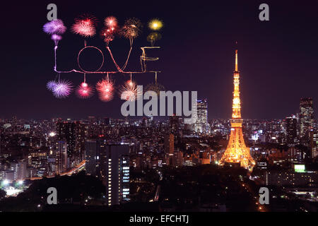 Love sparkle Fireworks celebrating over Tokyo cityscape at night, Japan Stock Photo