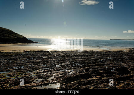 Manorbier, Pembrokeshire, Wales has a large beautiful sweeping bay and tourist attraction beneath open skies. Stock Photo